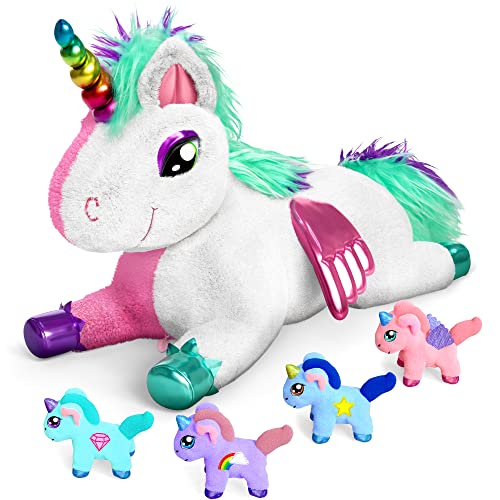 MindSprout Unicorn Mommy Stuffed with 4 Babies Inside her Tummy, for Girls 3 4 5 6 7 8 Years Old, Unicorn Toys for Girls Age 4-5, Best Birthday Gifts, Stuffed Animals Toy Age 6-8