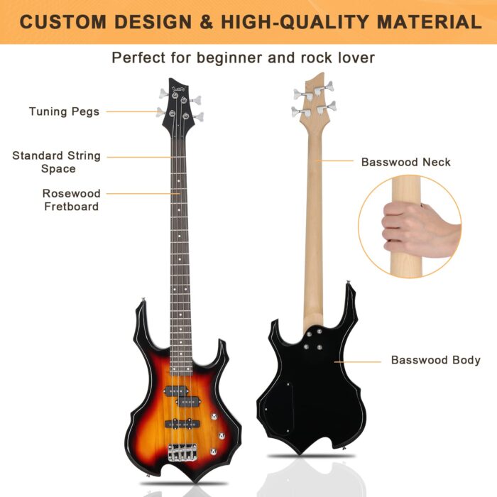 GLARRY Electric Bass Guitar 4 Strings Buring Fire Style Full Size for Beginner Right Hand with Bag, Strap and Accessories (Sunset) - Image 7